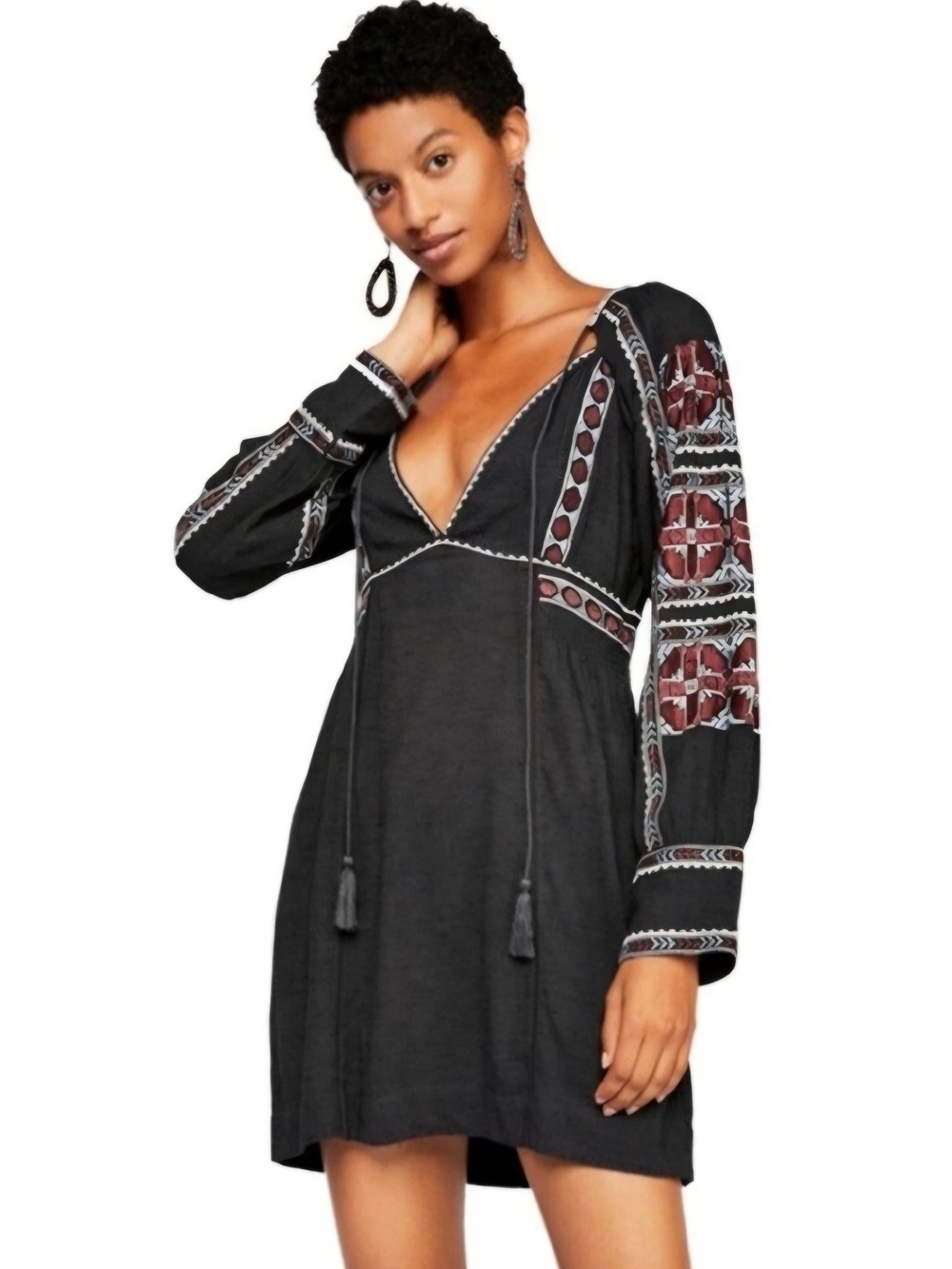 Free People Black Long Sleeve Embroidered Mini Dress P2P 20 OVERSIZED 1477 XS